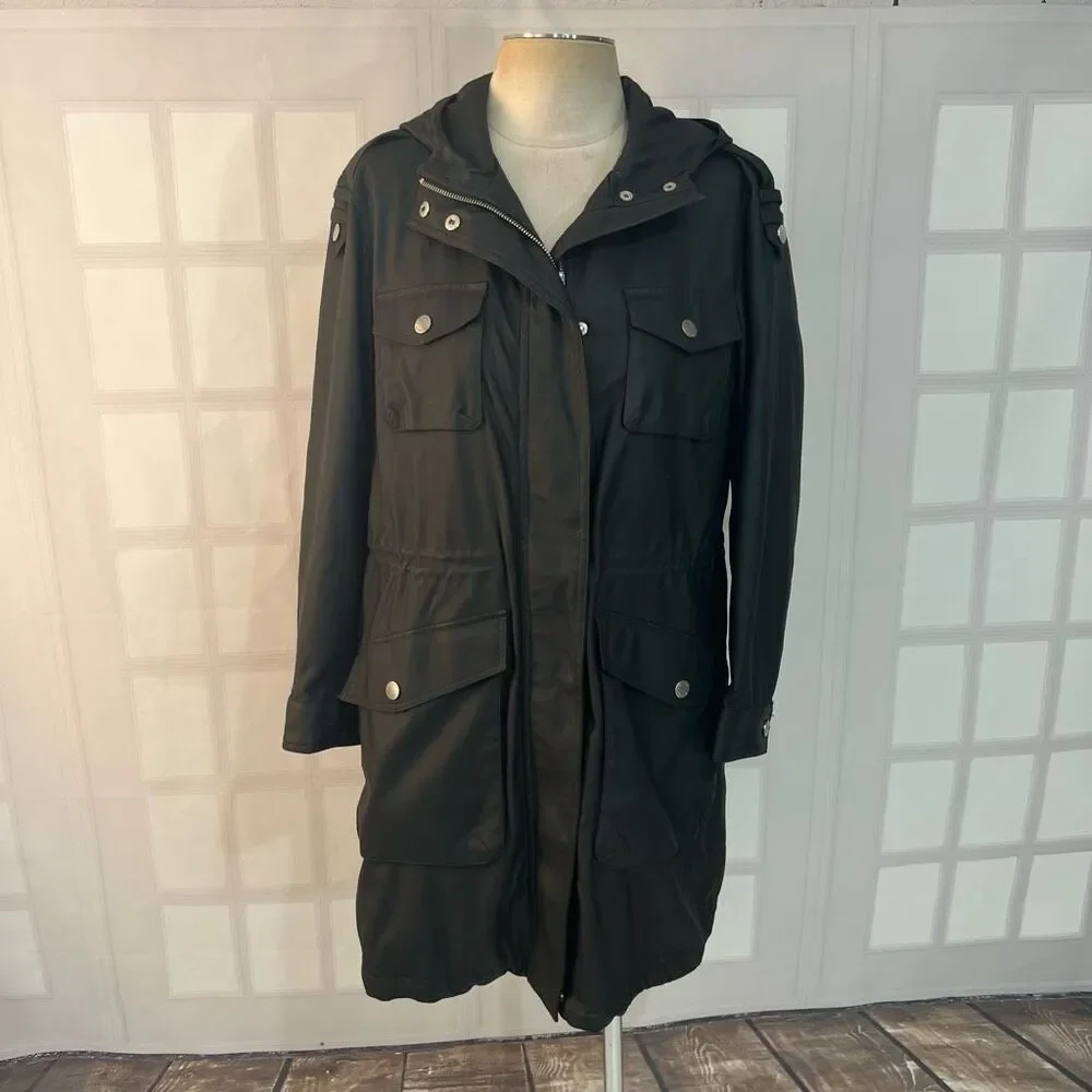 BCBGeneration Black Full Zip Hooded Lined Leather Look Jacket Size Large - Picture 1 of 10